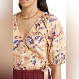 Open Edit women’s small cropped true wrap top earth tone princess sleeve